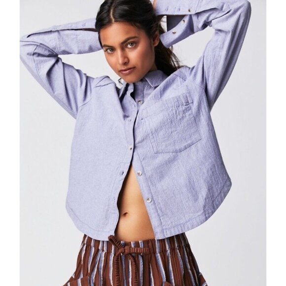 We The Free X Free People Long Sleeve Button Up Oxford Top Small Oversized - Picture 2 of 11